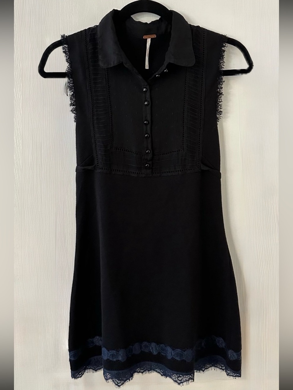 Free People Tuxedo Mini Dress Sleeveless Black Jersey Knit Babydoll Blue Lace S